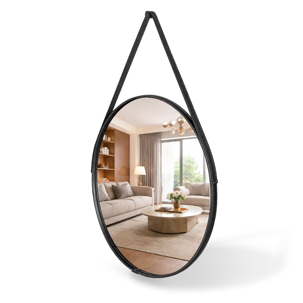 Espelho Redondo Decorativo Adnet Alça Couro Suporte 60cm Sala Quarto Banheiro