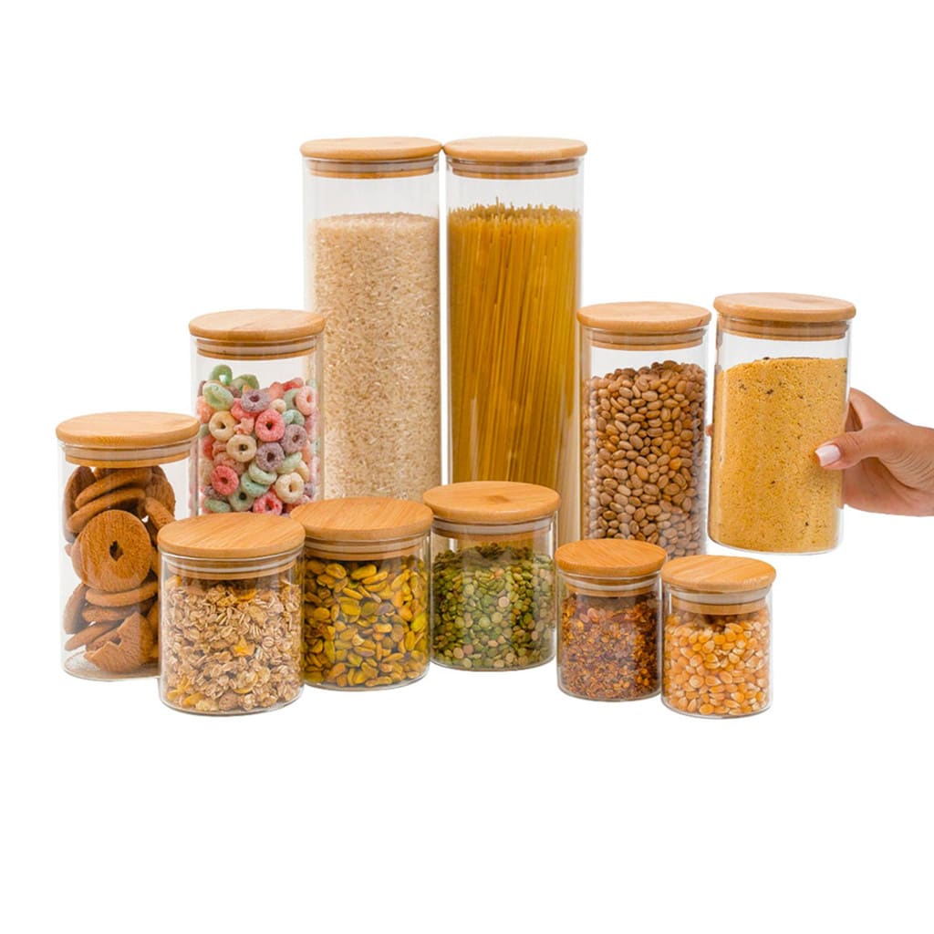 Kit 11 Potes de Vidro Herméticos com Tampa de Bambu